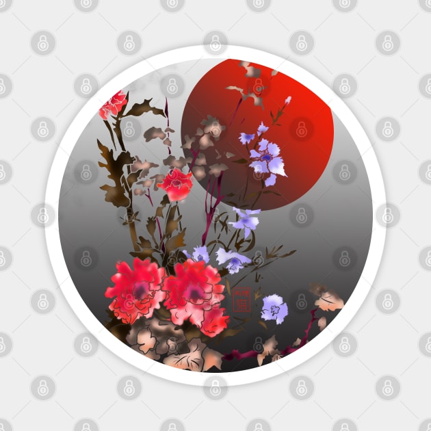 red watercolor sumiE flowers with a blood moon Magnet by cuisinecat